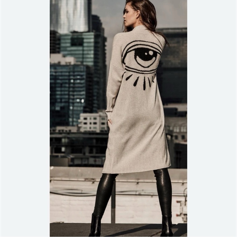 Skull Cashmere Jansen Eye Cardigan Duster Sweater Med Cashmere Boho Chic Brown - Picture 14 of 14